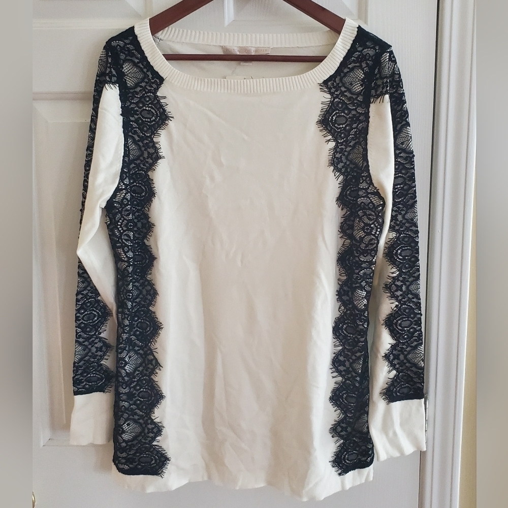 Boston Proper Lace Panel Sweater white/black size XL